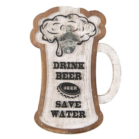 Clayre & Eef Flesopener 26x36 cm Wit Bruin Hout Rechthoek Bieropener Kookgerei Wit Hout