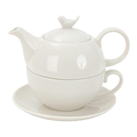 Clayre & Eef Tea for One 400 ml Wit Keramiek Rond Vogel Theepot set Thee & accessoires Wit Keramiek