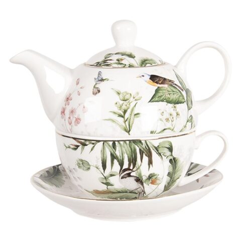 Clayre & Eef Tea for One 460 ml Wit Groen Porselein Vogels Theepot set Thee & accessoires Wit Porselein