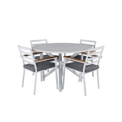 Hioshop Alma tuinmeubelset tafel Ø120cm en 4 stoel Brasilia wit. Tuinmeubelen Wit MDF