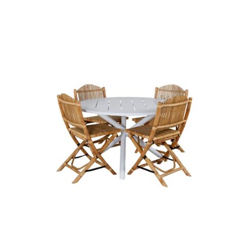 Hioshop Alma tuinmeubelset tafel Ø120cm en 4 stoel F Cane Tuinmeubelen Grijs Polyester