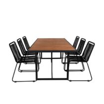Hioshop Khung tuinmeubelset tafel 100x200cm en 6 stoel stapel Lindos Tuinmeubelen Zwart Polyester