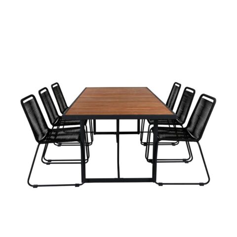 Hioshop Khung tuinmeubelset tafel 100x200cm en 6 stoel stapel Lindos Tuinmeubelen Zwart Polyester