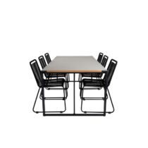 Hioshop Texas tuinmeubelset tafel 100x200cm en 6 stoel stapelS Tuinmeubelen Zwart Polyester