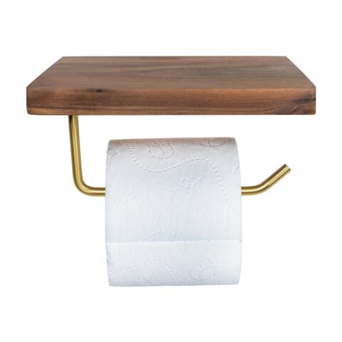 QUVIO Toiletrolhouder metaal met telefoon plank - Donker hout + goud Toiletaccessoires Bruin