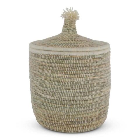 Safaary - Rieten Mand van Zeegras Natural-Wit Pompom-Ø 41 x 56cm Opbergen Wit Zeegras