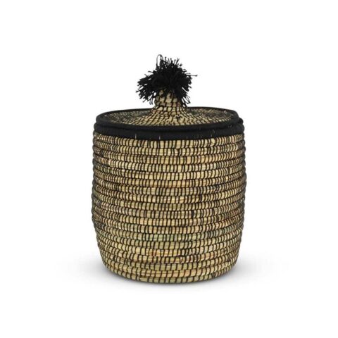 Safaary - Rieten Mand van Zeegras Natural-Zwart Pompom-Ø 31 x 37cm Opbergen Zwart Zeegras