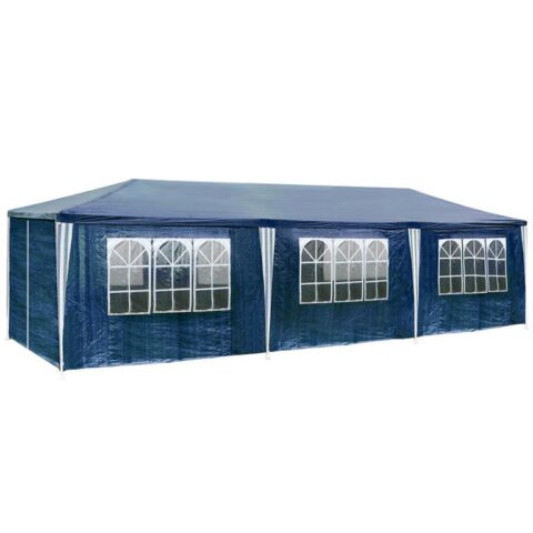 tectake Paviljoentent 9x3m met 8 zijwanden Zonwering Blauw Polyester