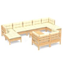 vidaXL 10-delige Loungeset met crèmekleurige kussens massief Tuinmeubelen Crème Hout