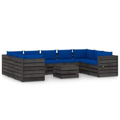 vidaXL 10-delige Loungeset met kussens grijs geïmpregneerd hout Tuinmeubelen Blauw Hout