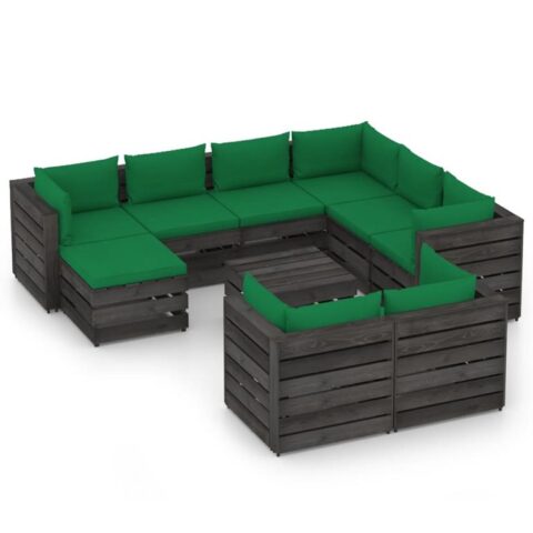 vidaXL 10-delige Loungeset met kussens grijs geïmpregneerd hout Tuinmeubelen Groen Hout