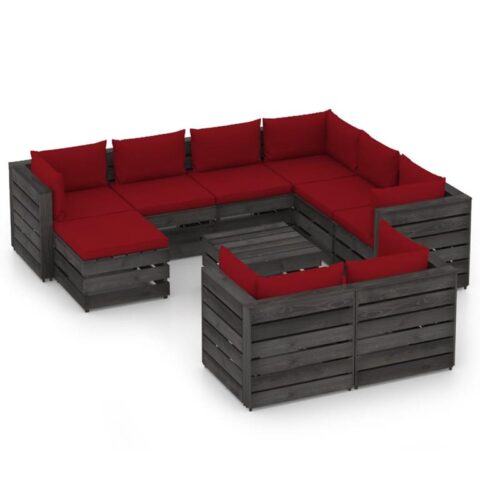 vidaXL 10-delige Loungeset met kussens grijs geïmpregneerd hout Tuinmeubelen Rood Hout