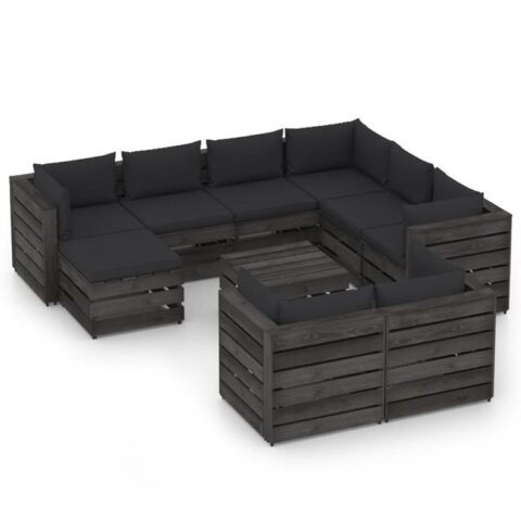 vidaXL 10-delige Loungeset met kussens grijs geïmpregneerd hout Tuinmeubelen Zwart Hout