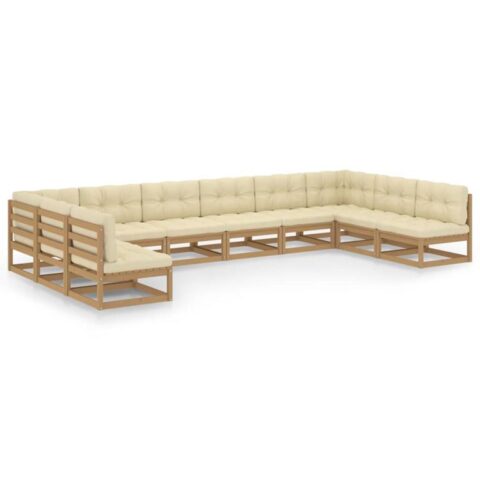 vidaXL 10-delige Loungeset met kussens massief grenenhout honingbruin Tuinmeubelen Bruin Hout