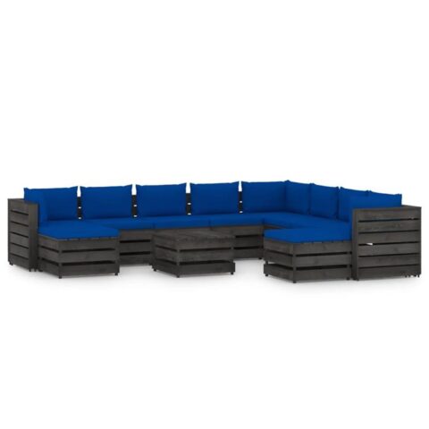 vidaXL 11-delige Loungeset met kussens grijs geïmpregneerd hout Tuinmeubelen Blauw Hout