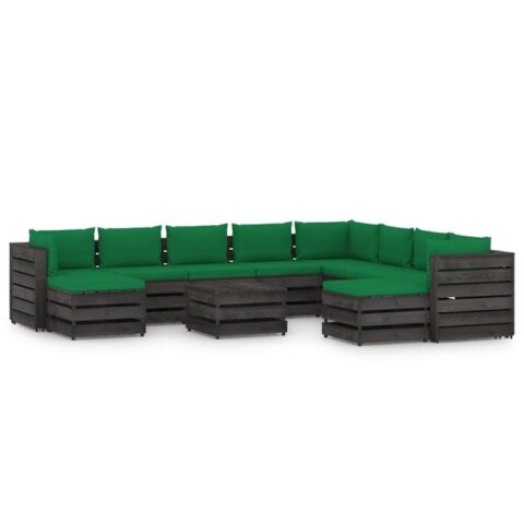 vidaXL 11-delige Loungeset met kussens grijs geïmpregneerd hout Tuinmeubelen Groen Hout