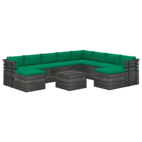 vidaXL 11-delige Loungeset pallet met kussens massief grenenhout Tuinmeubelen Groen Hout