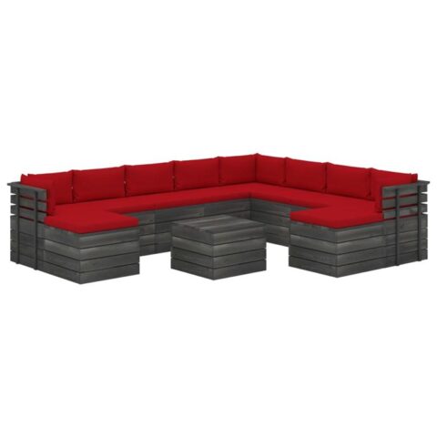 vidaXL 11-delige Loungeset pallet met kussens massief grenenhout Tuinmeubelen Rood Hout