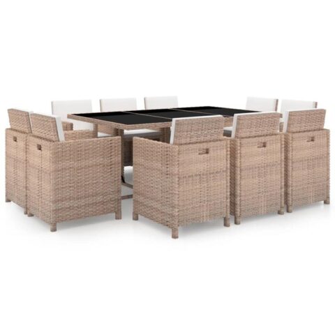 vidaXL 11-delige Tuinset met kussens poly rattan beige Tuinmeubelen Beige Polyamide