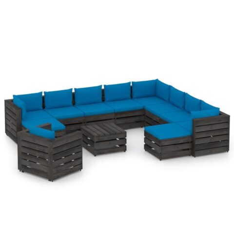 vidaXL 12-delige Loungeset met kussens grijs geïmpregneerd hout Tuinmeubelen Blauw Hout