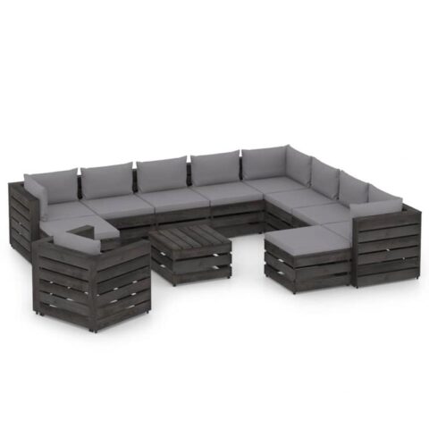 vidaXL 12-delige Loungeset met kussens grijs geïmpregneerd hout Tuinmeubelen Grijs Hout