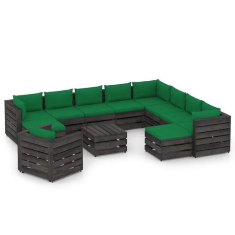 vidaXL 12-delige Loungeset met kussens grijs geïmpregneerd hout Tuinmeubelen Groen Hout