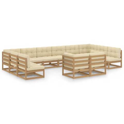 vidaXL 12-delige Loungeset met kussens massief grenenhout honingbruin Tuinmeubelen Bruin Hout