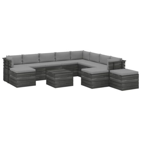 vidaXL 12-delige Loungeset met kussens pallet massief grenenhout Tuinmeubelen Grijs Hout