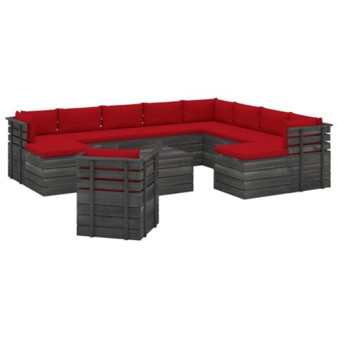 vidaXL 12-delige Loungeset pallet met kussens massief grenenhout Tuinmeubelen Rood Hout