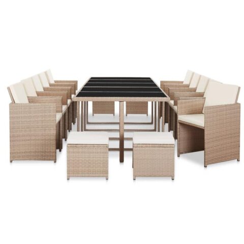 vidaXL 15-delige Tuinset met kussens poly rattan beige Tuinmeubelen Beige Polyamide