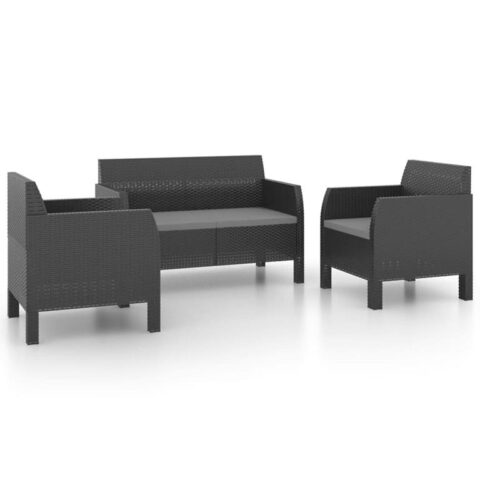 vidaXL 3-delige Loungeset met kussens PP rattan antracietkleurig Tuinmeubelen Antraciet Polypropyleen