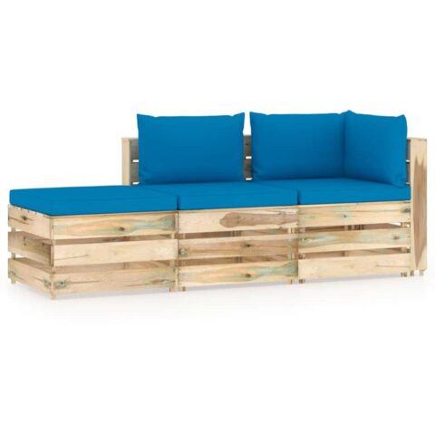 vidaXL 3-delige Loungeset met kussens groen geïmpregneerd hout Tuinmeubelen Blauw Hout