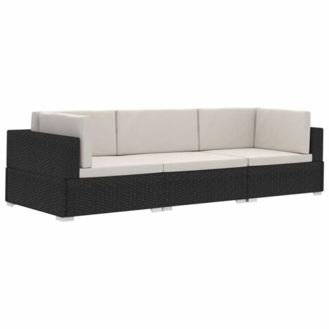 vidaXL 3-delige Loungeset met kussens poly rattan zwart Tuinmeubelen Zwart