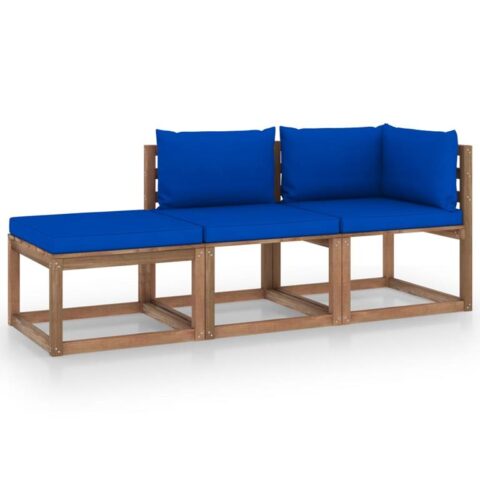 vidaXL 3-delige Loungeset pallet met kussens geïmpregneerd grenenhout Tuinmeubelen Blauw Hout