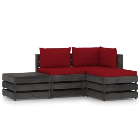 vidaXL 4-delige Loungeset met kussens grijs geïmpregneerd hout Tuinmeubelen Rood Hout