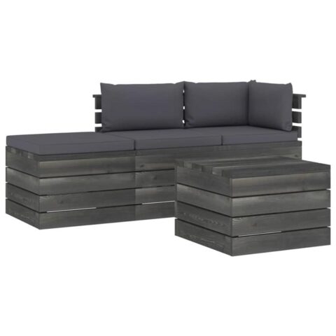 vidaXL 4-delige Loungeset met kussens pallet massief grenenhout Tuinmeubelen Grijs Hout