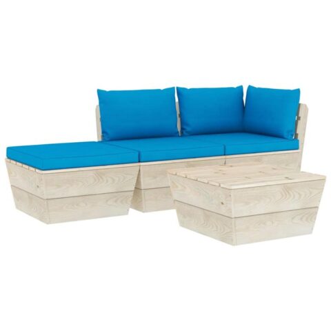 vidaXL 4-delige Loungeset met kussens pallet vurenhout Tuinmeubelen Blauw Hout