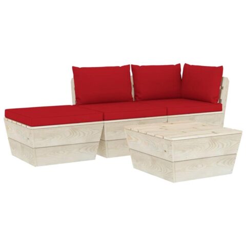 vidaXL 4-delige Loungeset met kussens pallet vurenhout Tuinmeubelen Rood Hout