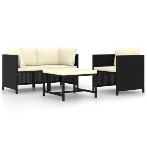 vidaXL 4-delige Loungeset met kussens poly rattan zwart Tuinmeubelen Zwart Rattan