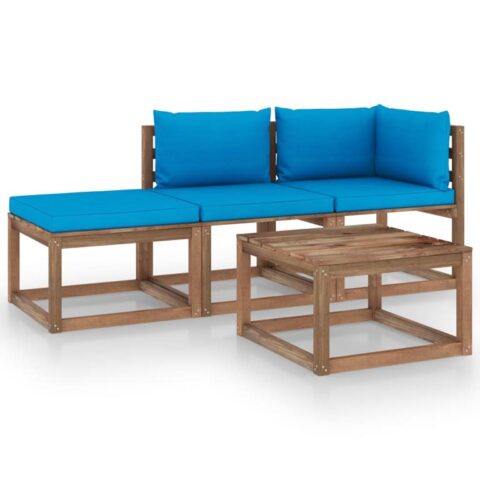 vidaXL 4-delige Loungeset pallet met kussens geïmpregneerd grenenhout Tuinmeubelen Blauw Hout