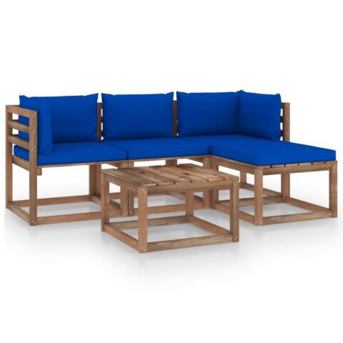 vidaXL 5-delige Loungeset met blauwe kussens Tuinmeubelen Blauw Hout