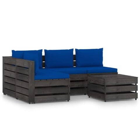 vidaXL 5-delige Loungeset met kussens grijs geïmpregneerd hout Tuinmeubelen Blauw Hout