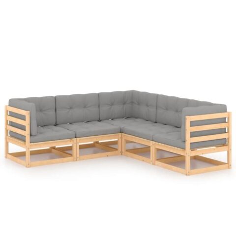 vidaXL 5-delige Loungeset met kussens massief grenenhout Tuinmeubelen Grijs Hout