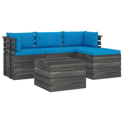 vidaXL 5-delige Loungeset met kussens pallet massief grenenhout Tuinmeubelen Blauw Hout