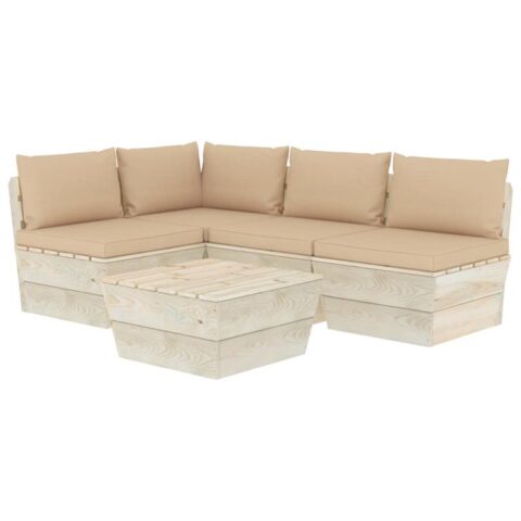 vidaXL 5-delige Loungeset met kussens pallet vurenhout Tuinmeubelen Beige Hout