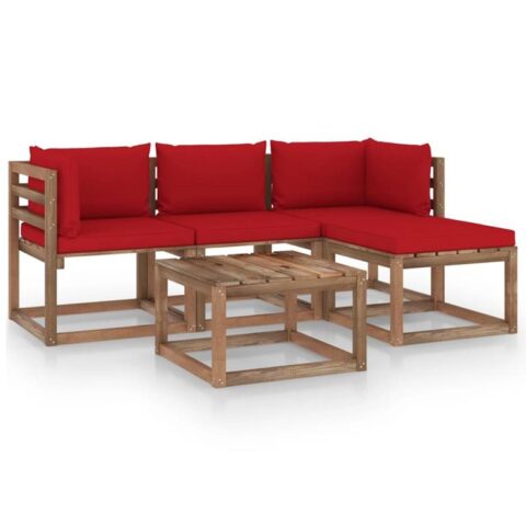 vidaXL 5-delige Loungeset met rode kussens Tuinmeubelen Rood Hout