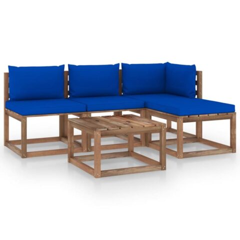 vidaXL 5-delige Loungeset pallet met kussens geïmpregneerd grenenhout Tuinmeubelen Blauw Hout