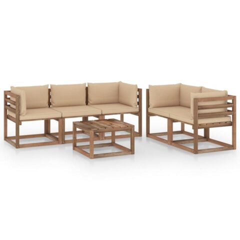 vidaXL 6-delige Loungeset met beige kussens Tuinmeubelen Beige Hout