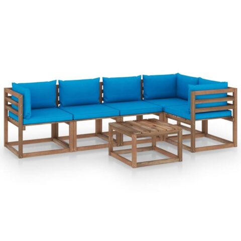 vidaXL 6-delige Loungeset pallet met kussens geïmpregneerd grenenhout Tuinmeubelen Blauw Hout