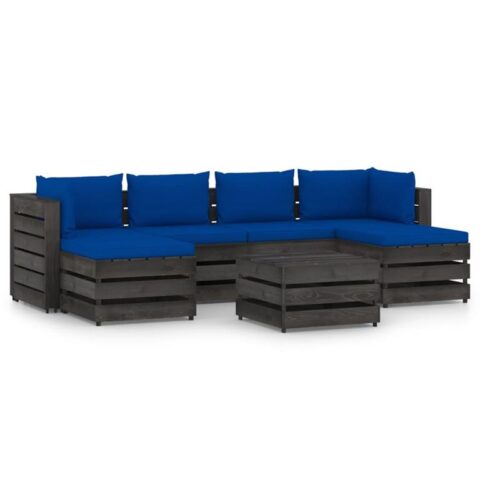 vidaXL 7-delige Loungeset met kussens grijs geïmpregneerd hout Tuinmeubelen Blauw Hout